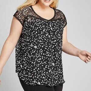 Lane Bryant Crochet Cap Sleeve Black White Speckle Top Blouse Plus Size 16 New